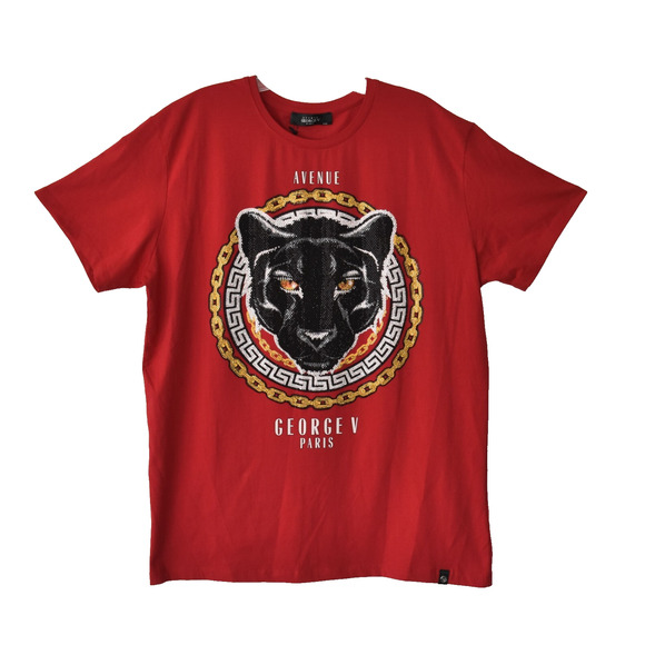 A9 NWT AVENUE GEORGE V Red Crystal Paved Panther Face T-Shirt Size XXL - Picture 1 of 8